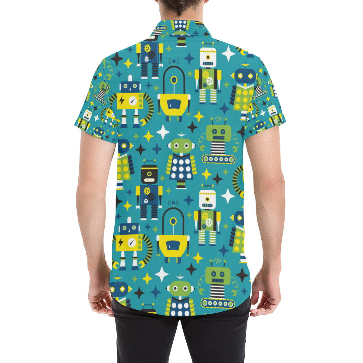 Robot Pattern Print Design A02 Men's Short Sleeve Button Up Shirt