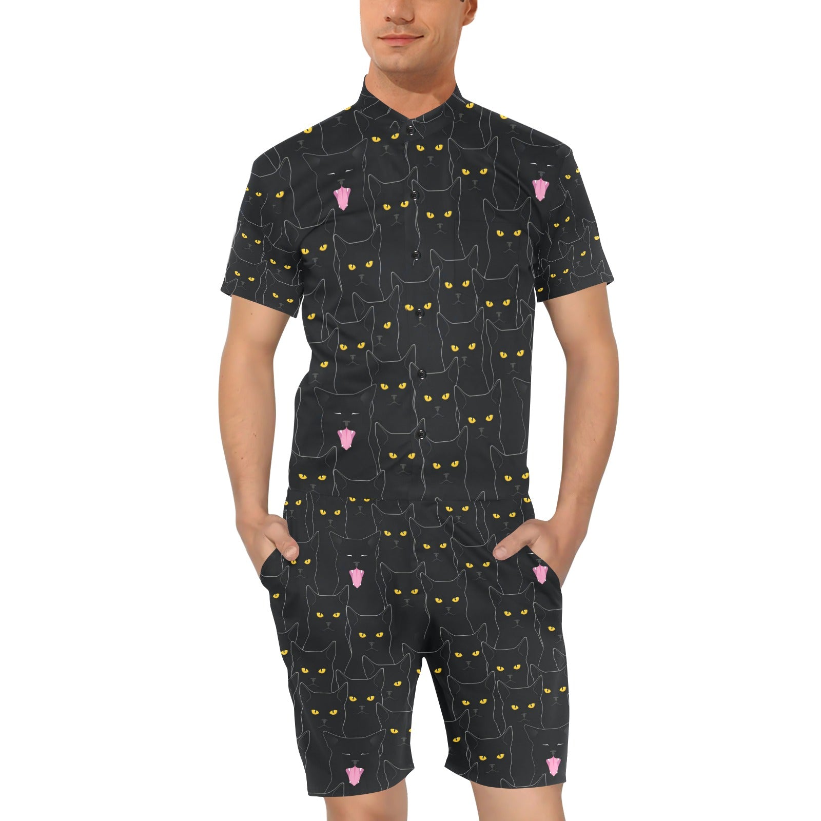 Black Cat Yellow Eyes Print Pattern Men's Romper