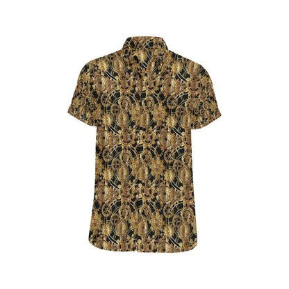 Steampunk Gear Design Themed Print Men's Short Sleeve Button Up Shirt