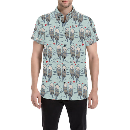 Sea Otter Pattern Print Design 03 Men's Short Sleeve Button Up Shirt