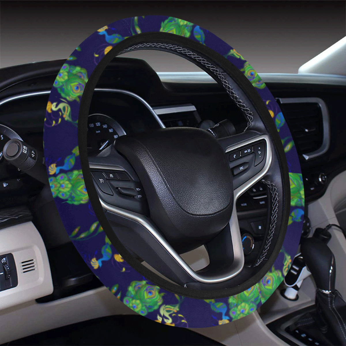 Peacock Art Design Print Steering Wheel Cover with Elastic Edge