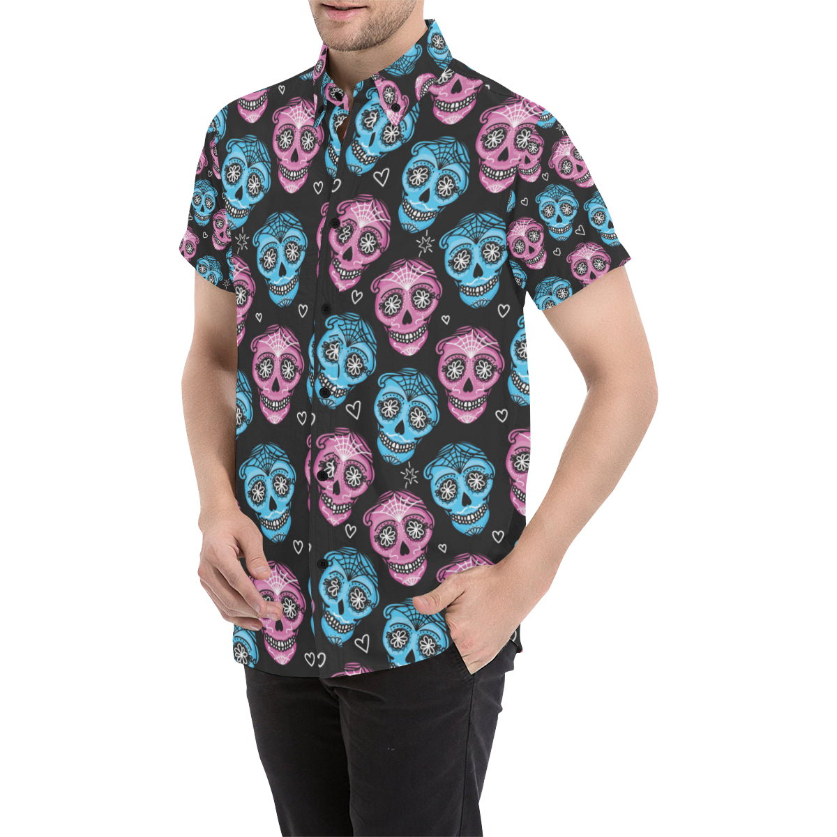 Day of the Dead Skull Print Pattern Men's Short Sleeve Button Up Shirt