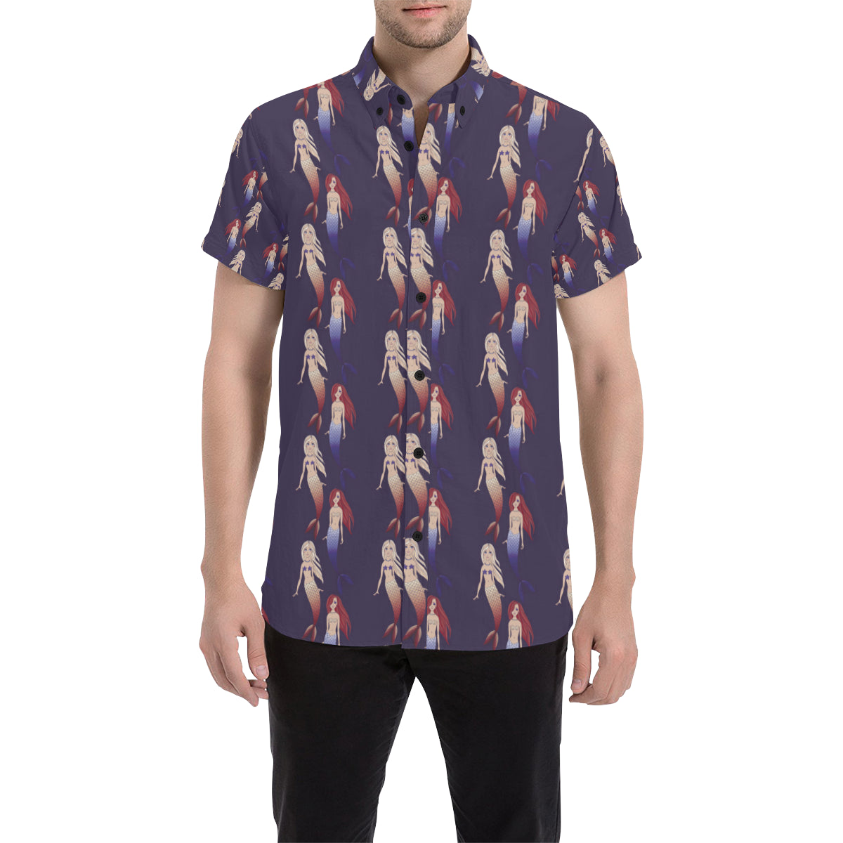 Mermaid Pattern Print Design 02 Men's Short Sleeve Button Up Shirt