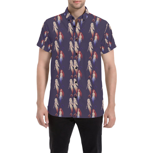 Mermaid Pattern Print Design 02 Men's Short Sleeve Button Up Shirt