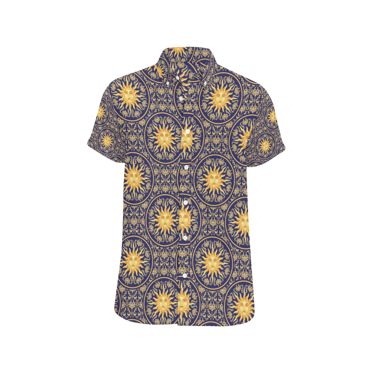 Celestial Gold Sun Face Men's Short Sleeve Button Up Shirt