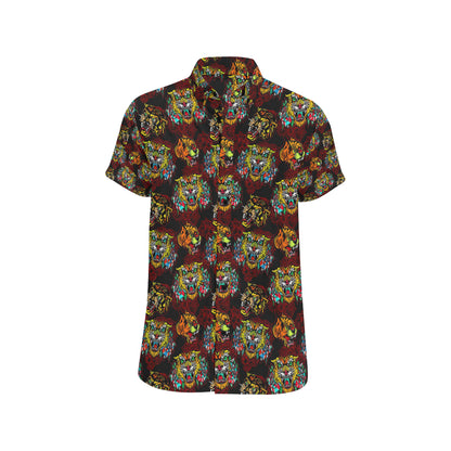 Tattoo Tiger Colorful Design Men's Short Sleeve Button Up Shirt