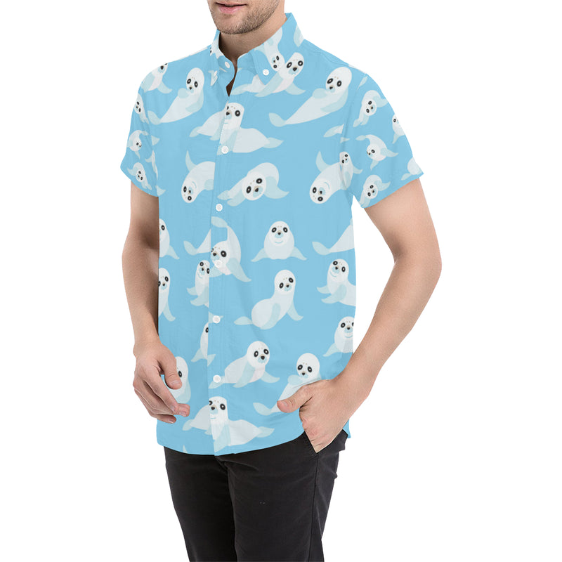 Sea Lion Cute Pattern Print Design 03 Men's Short Sleeve Button Up Shirt