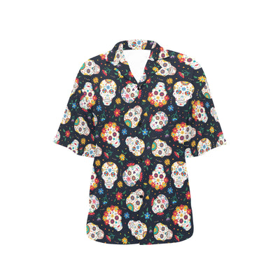 Sugar Skull Print Design LKS305 Women's Hawaiian Shirt