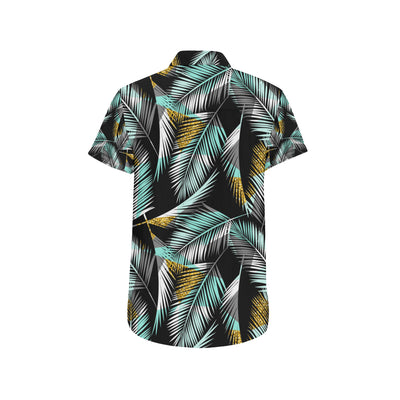 Gold Glitter Cyan Tropical Palm Leaves Men's Short Sleeve Button Up Shirt