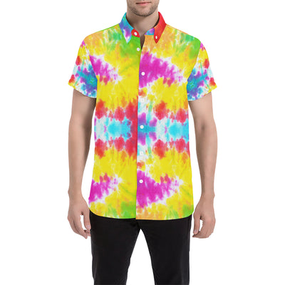 Tie Dye Rainbow Themed Print Men's Short Sleeve Button Up Shirt