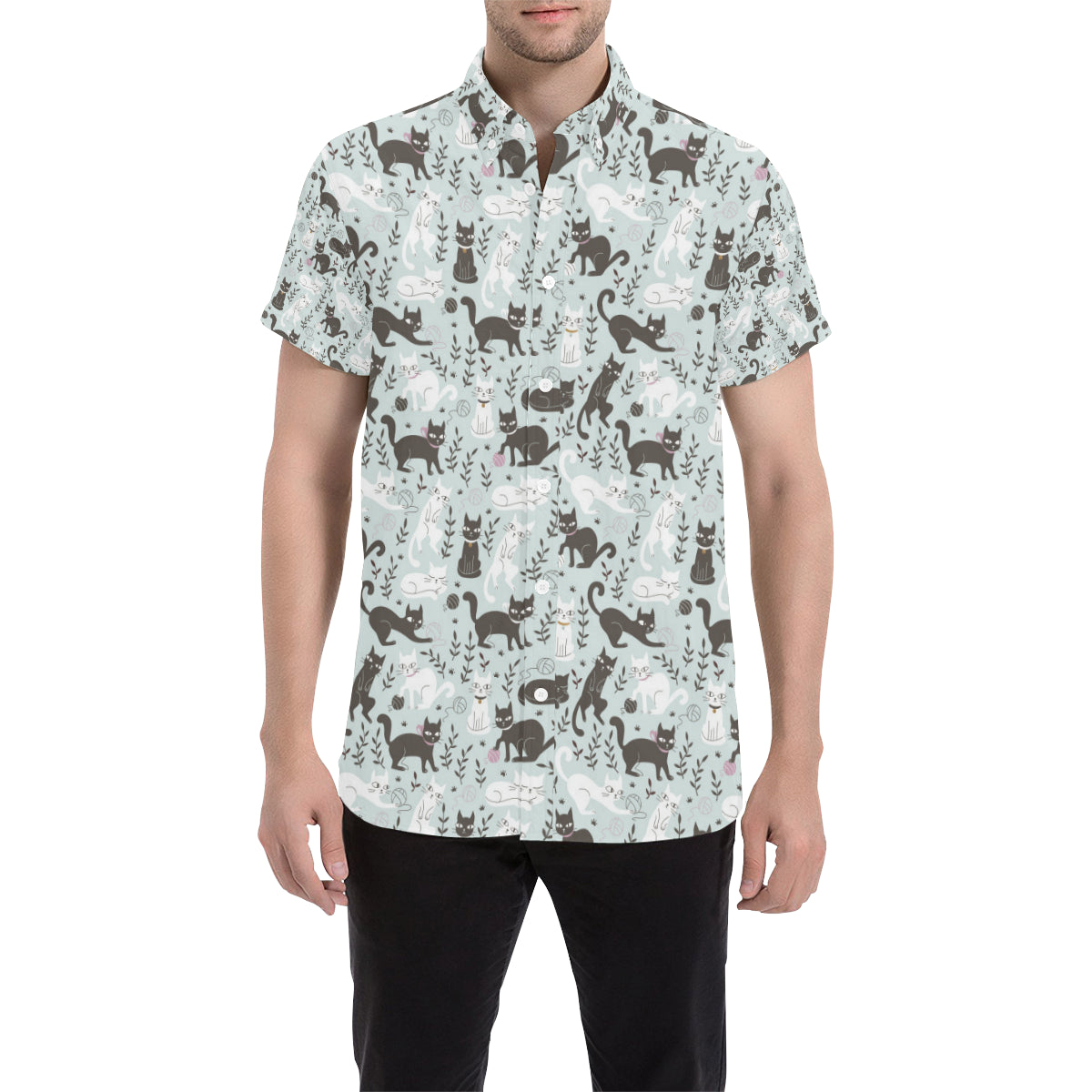 Cat Pattern Print Design 08 Men's Short Sleeve Button Up Shirt