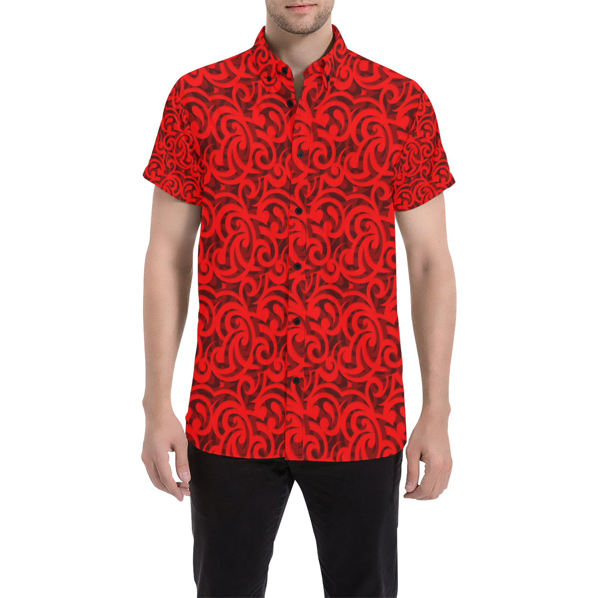 Maori Red Themed Design Print Men's Short Sleeve Button Up Shirt