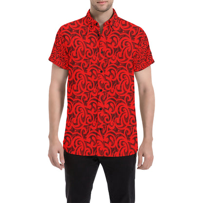 Maori Red Themed Design Print Men's Short Sleeve Button Up Shirt
