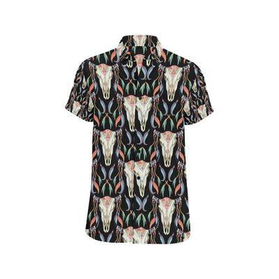 Buffalo Head Boho Style Pattern Print Design 01 Men's Short Sleeve Button Up Shirt