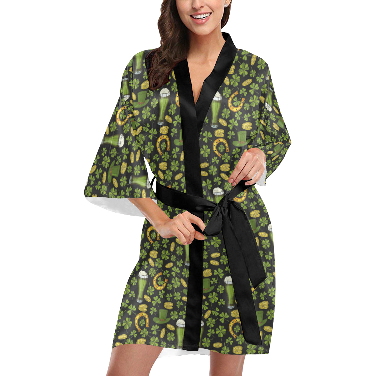Clover St Patricks Pattern Print Design 03 Women's Short Kimono