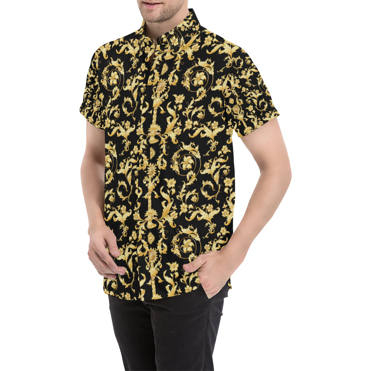 Baroque Golden Pattern Print Design 04 Men's Short Sleeve Button Up Shirt