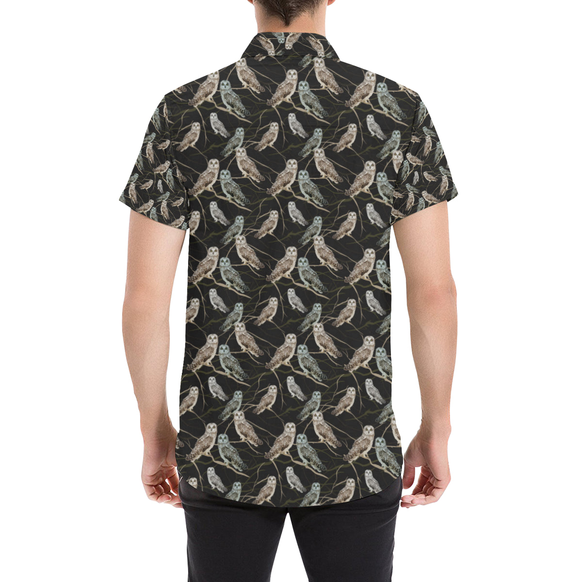 Owl Branch Themed Design Print Men's Short Sleeve Button Up Shirt