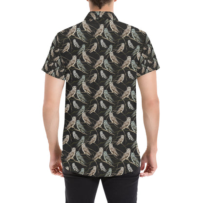 Owl Branch Themed Design Print Men's Short Sleeve Button Up Shirt