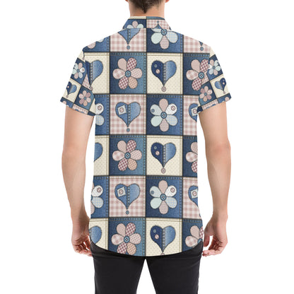 Patchwork Heart Flower Pattern Print Design 01 Men's Short Sleeve Button Up Shirt
