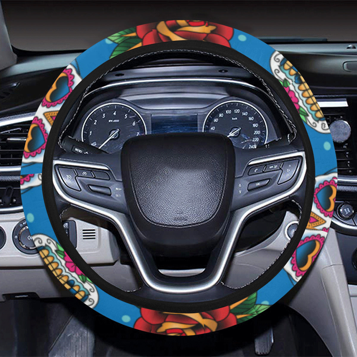 Sugar Skull Rose Pattern Steering Wheel Cover with Elastic Edge