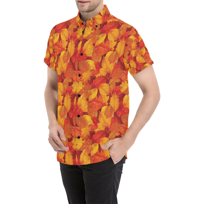 Elm Leave Autum Print Pattern Men's Short Sleeve Button Up Shirt