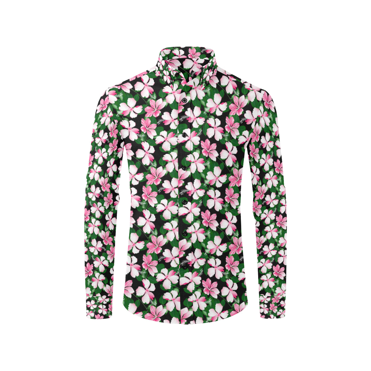 Hibiscus Pink Flower Hawaiian Print Men's Long Sleeve Shirt