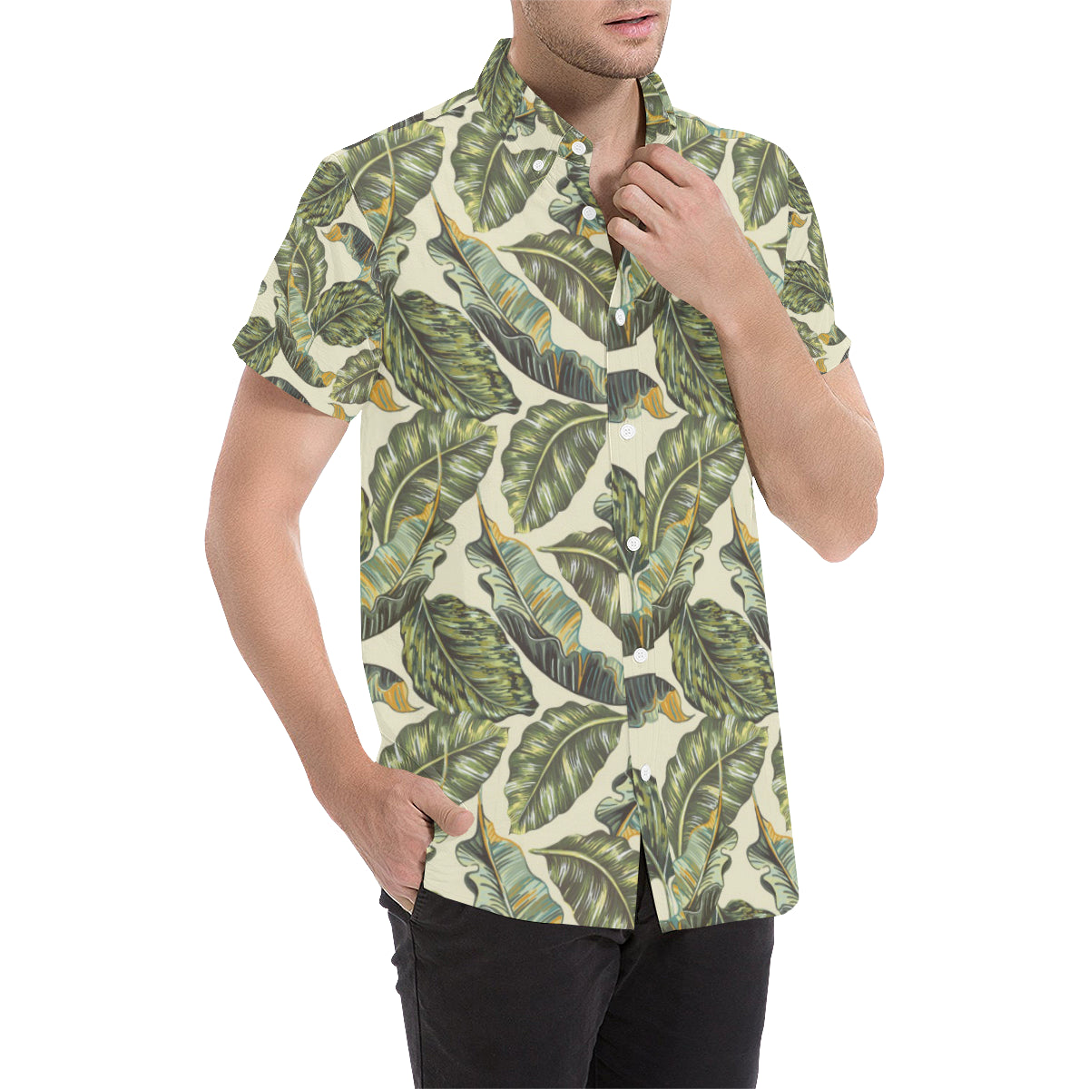 Banana Leaf Pattern Print Design BL08 Men's Short Sleeve Button Up Shirt