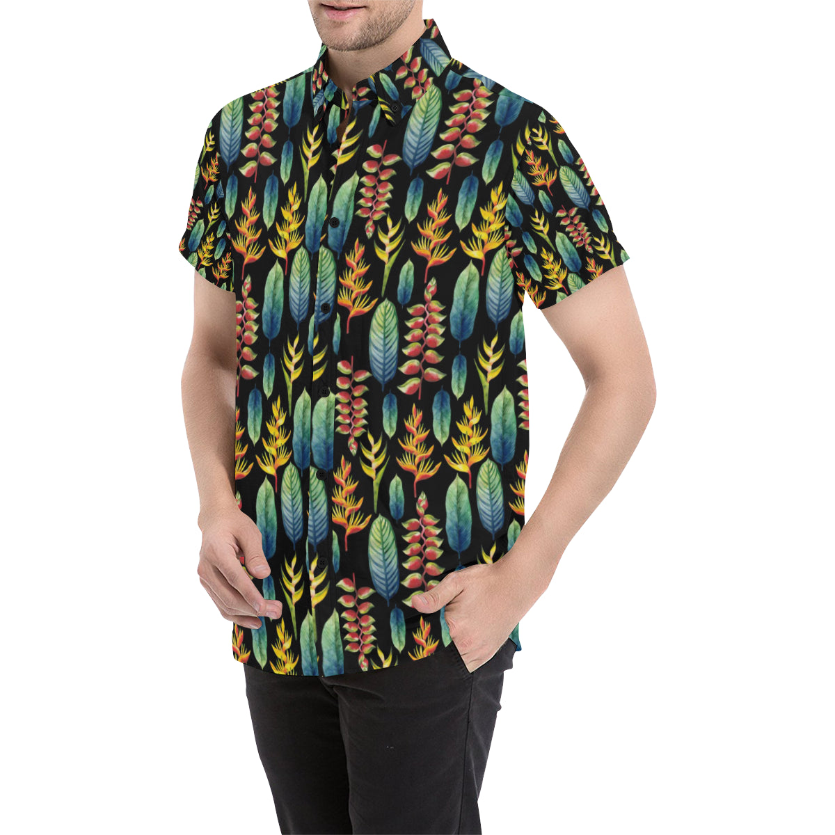 Heliconia Pattern Print Design HL03 Men's Short Sleeve Button Up Shirt