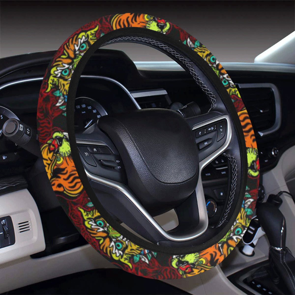 Tattoo Tiger Colorful Design Steering Wheel Cover with Elastic Edge