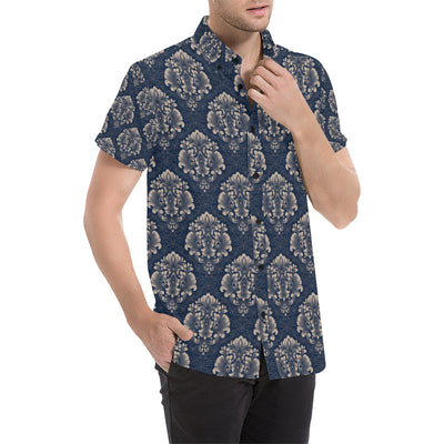 Damask Blue Luxury Print Pattern Men's Short Sleeve Button Up Shirt