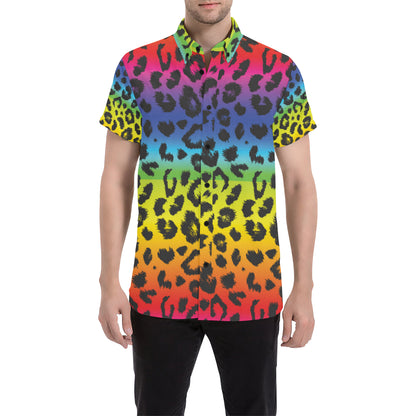 Rainbow Leopard Pattern Print Design A01 Men's Short Sleeve Button Up Shirt