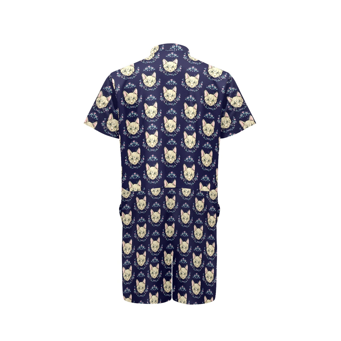 Cat Head with flower Print Pattern Men's Romper