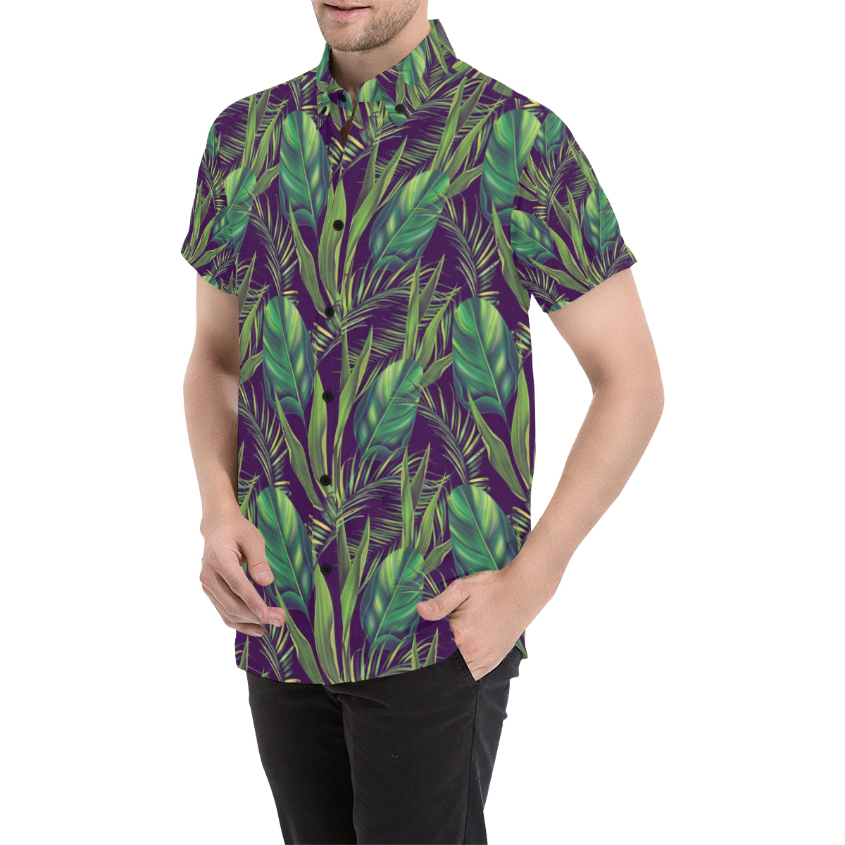 Palm Leaves Pattern Print Design PL03 Men's Short Sleeve Button Up Shirt
