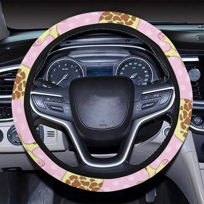 Giraffe Cute Pink Polka Dot Print Steering Wheel Cover with Elastic Edge