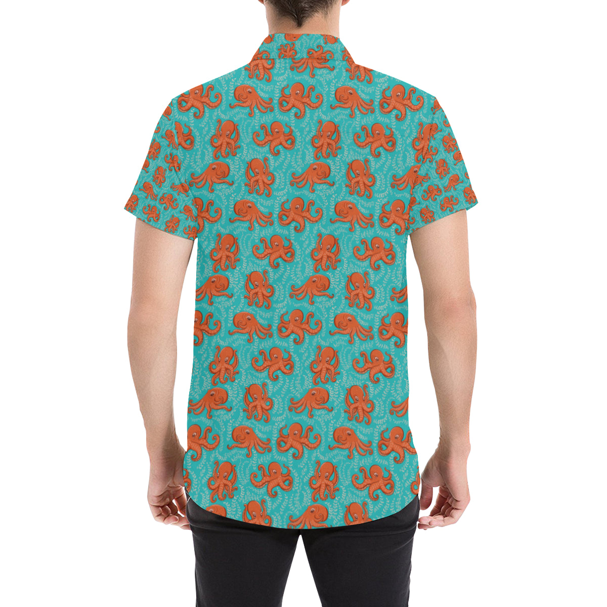 Octopus Cartoon Design Print Themed Men's Short Sleeve Button Up Shirt
