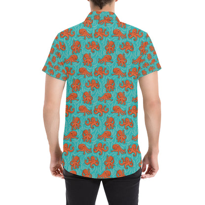 Octopus Cartoon Design Print Themed Men's Short Sleeve Button Up Shirt