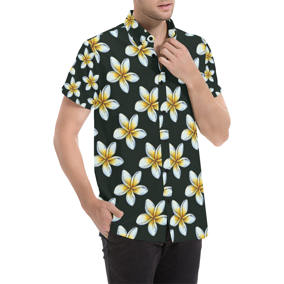 White Plumeria Pattern Print Design PM022 Men's Short Sleeve Button Up Shirt