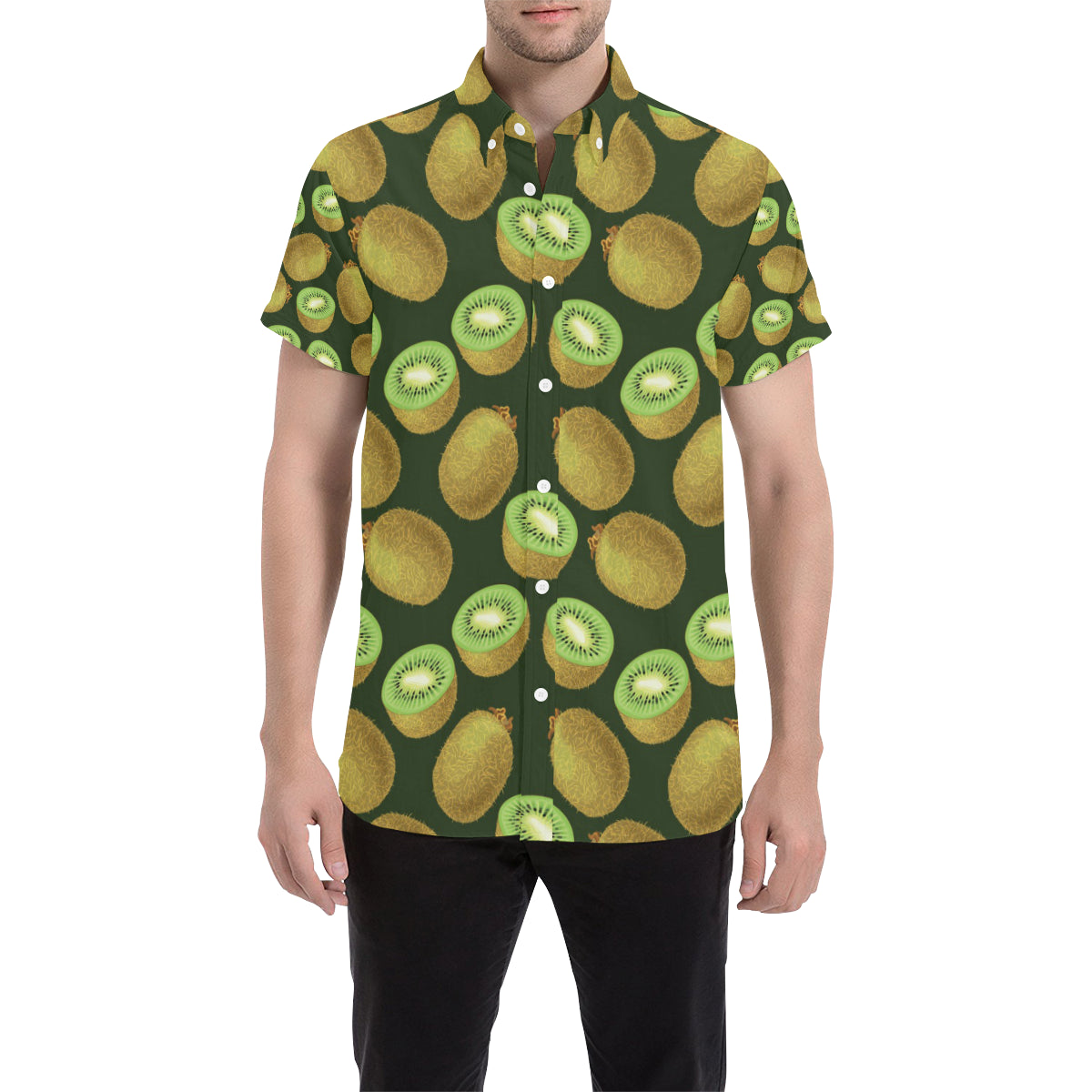 Kiwi Pattern Print Design KW04 Men's Short Sleeve Button Up Shirt