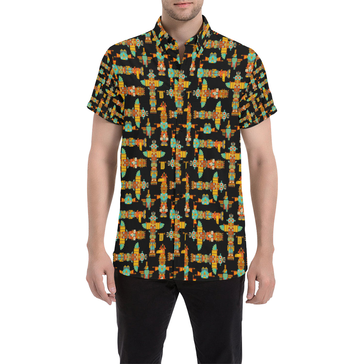 Totem Pole Cartoon Print Men's Short Sleeve Button Up Shirt