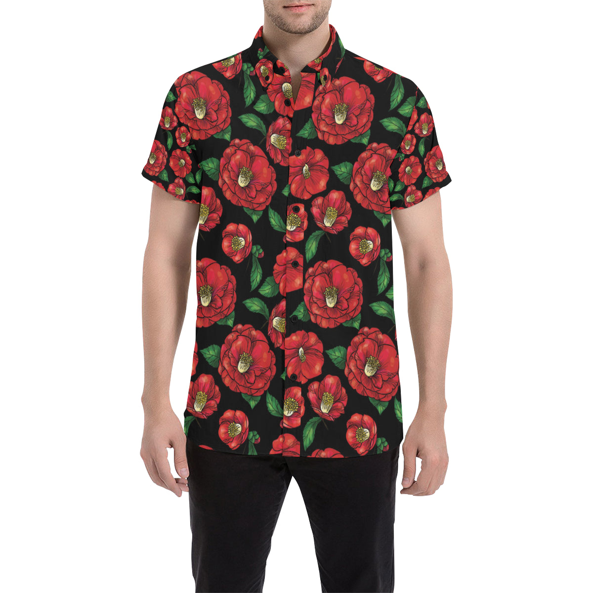 Camellia Pattern Print Design CM07 Men's Short Sleeve Button Up Shirt