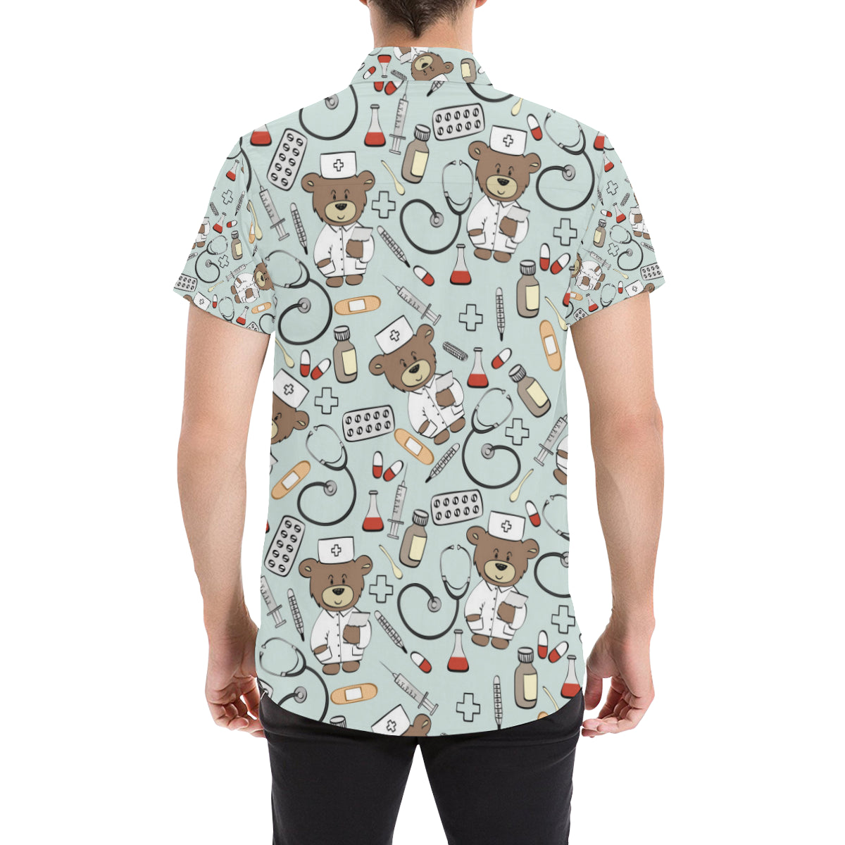 Nurse Bear Pattern Print Design A01 Men's Short Sleeve Button Up Shirt