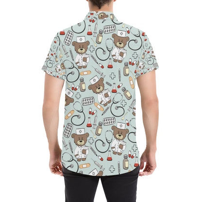 Nurse Bear Pattern Print Design A01 Men's Short Sleeve Button Up Shirt