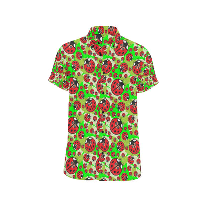 Ladybug with Leaf Print Pattern Men's Short Sleeve Button Up Shirt