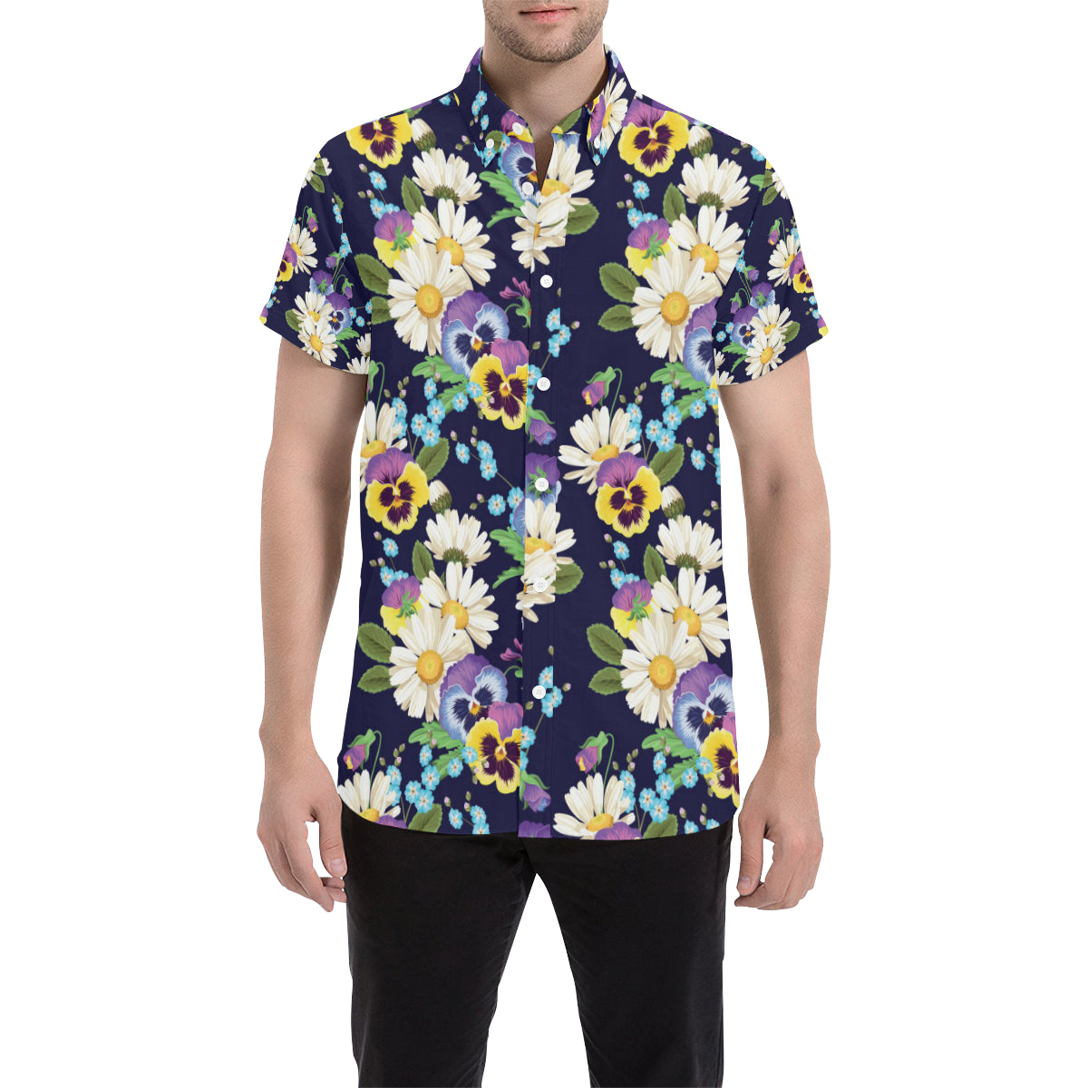 Pansy Pattern Print Design PS03 Men's Short Sleeve Button Up Shirt