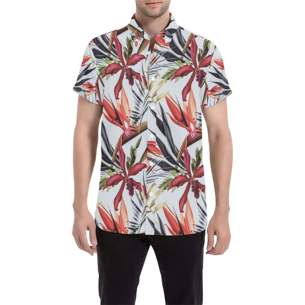 Tropical Flower Pattern Print Design TF021 Men's Short Sleeve Button Up Shirt