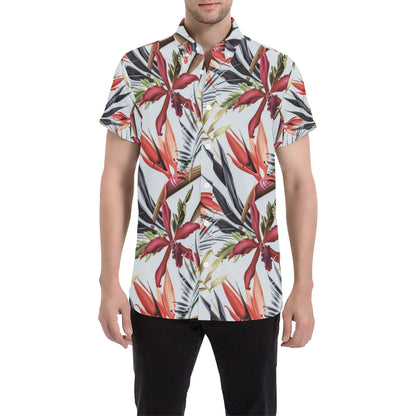 Tropical Flower Pattern Print Design TF021 Men's Short Sleeve Button Up Shirt