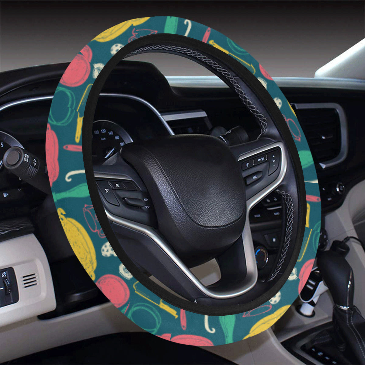 Cooking Kitchen Tools Pattern Print Design 01 Steering Wheel Cover with Elastic Edge
