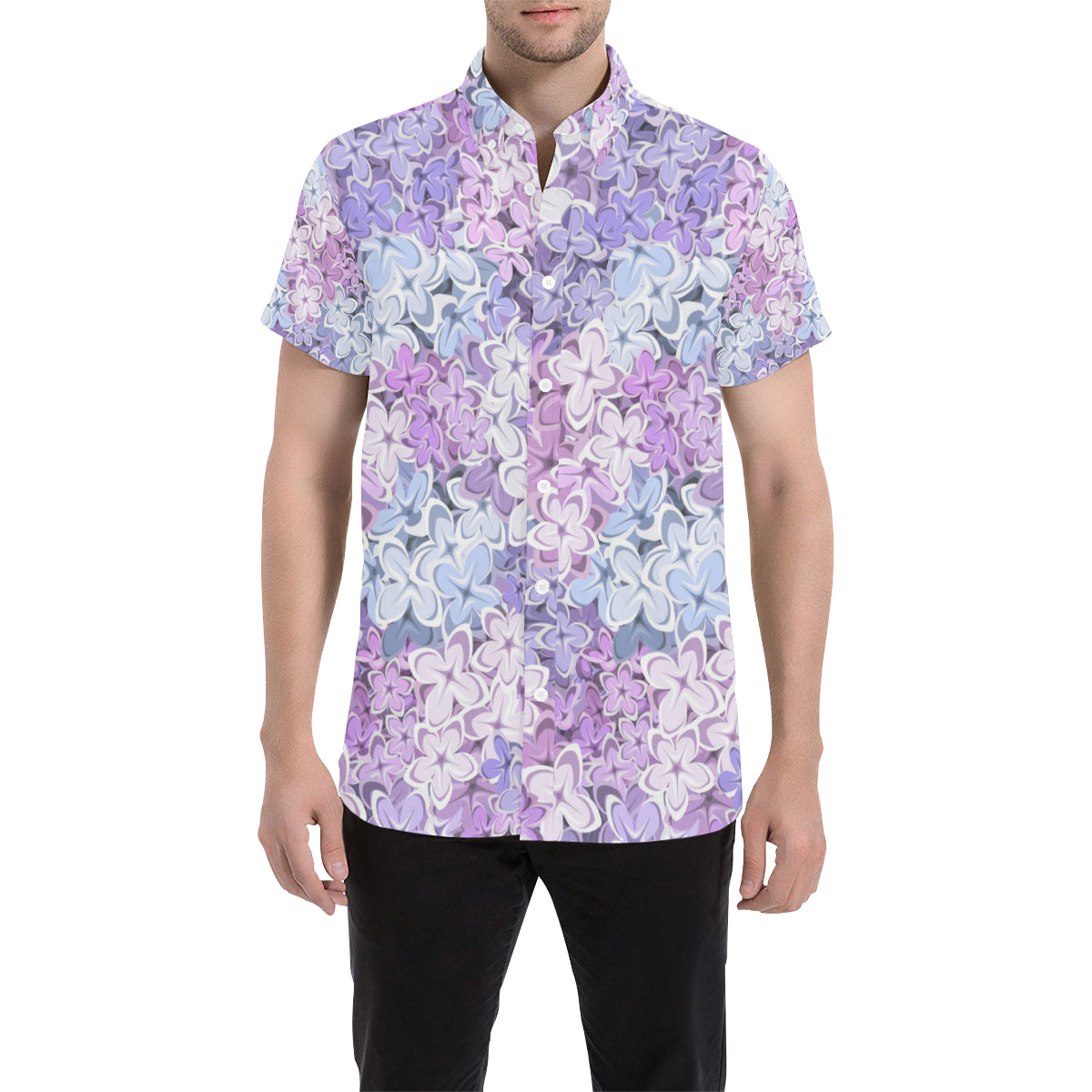 Lilac Pattern Print Design LI01 Men's Short Sleeve Button Up Shirt