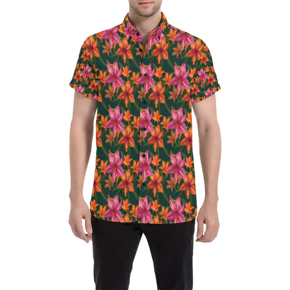 Amaryllis Pattern Print Design AL01 Men's Short Sleeve Button Up Shirt