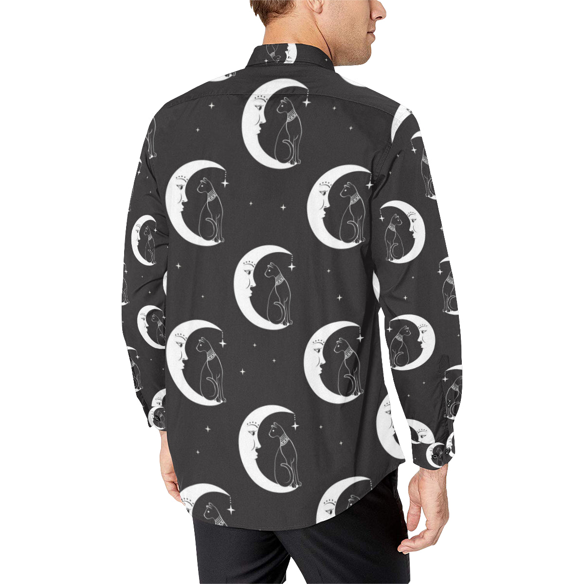 Moon with Cat Pattern Print Design 04 Men's Long Sleeve Shirt